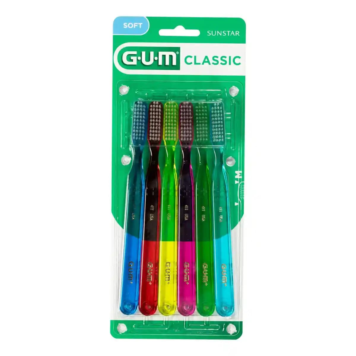 مسواک کلاسیک جی یو ام با برس نرم GUM Classic 411 Soft بسته 6 عددی — تصویر ۲