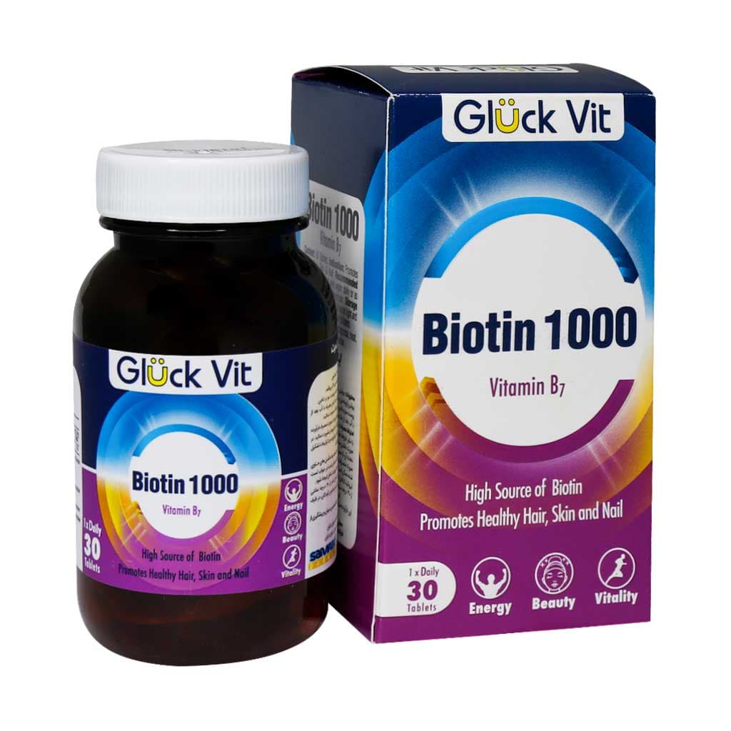 قرص بیوتین ۱۰۰۰ میکروگرم گلوک ویت ۳۰ عدد Gluck Vit Biotin ۱۰۰۰ Mcg ۳۰ Tabs