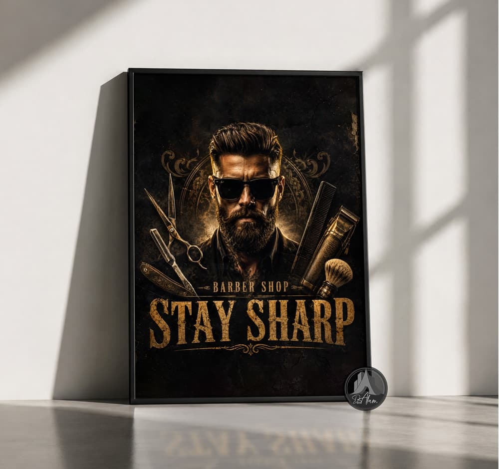 تابلو آرایشگاه مردانه طرح Stay Sharp حرفه‌ای | کد DA-4075 مناسب دکور باربر شاپ