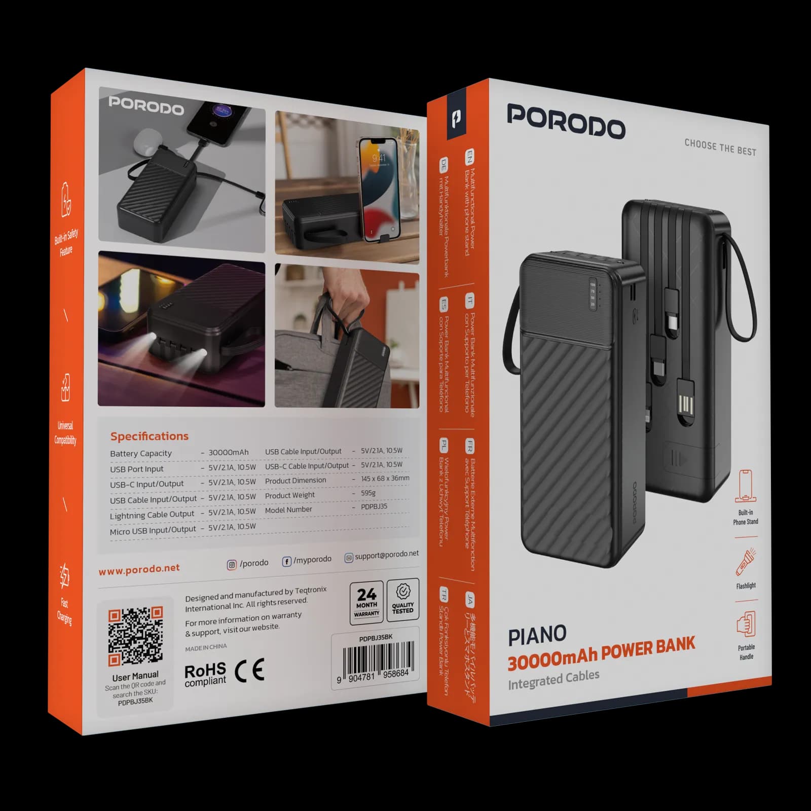 پاوربانک دسته‌دار Porodo مدل Piano 30000mAh با کابل‌های داخلی پورودو — تصویر ۴
