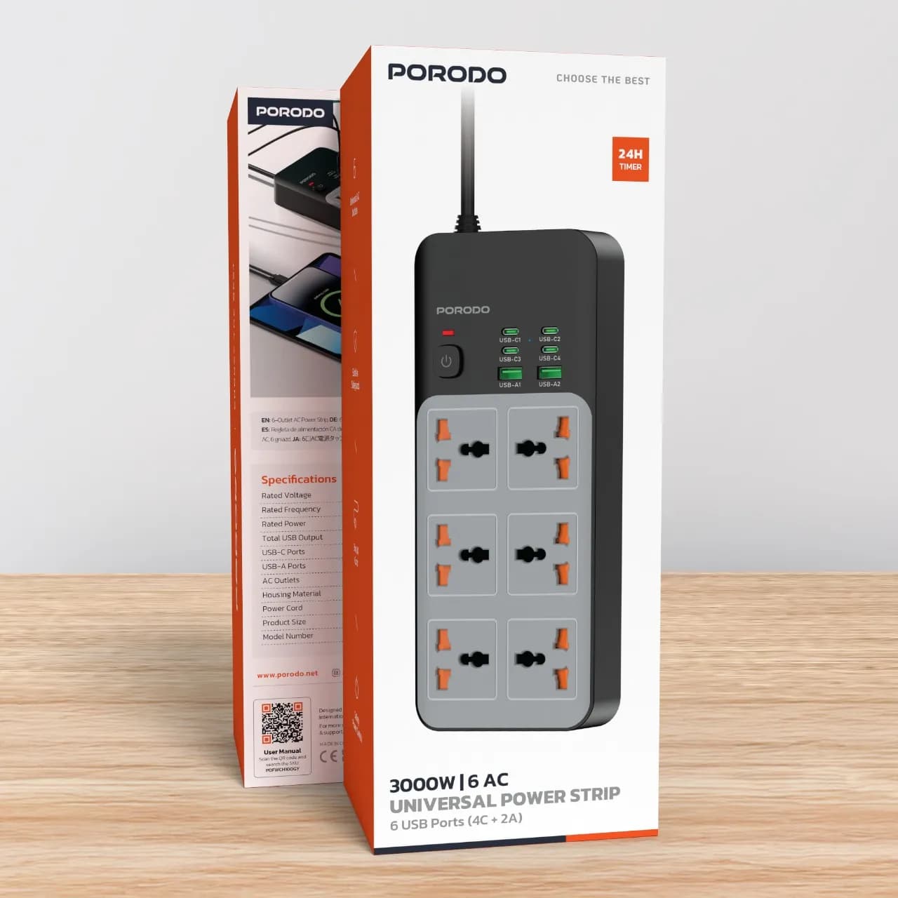 چندراهی برق 6AC و 6USB مدل 3000W Universal پرودو — تصویر ۳