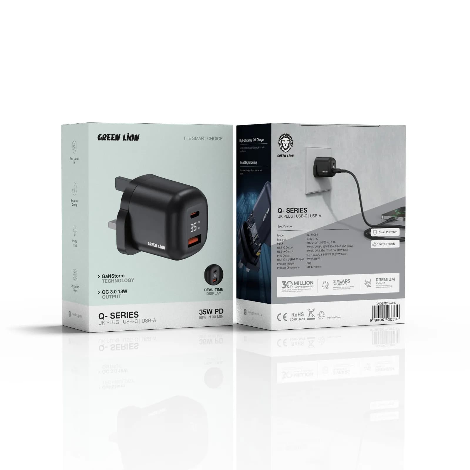 شارژر دیواری GaN دو پورت USB‑C و USB‑A مدل Q-Series PD35W گرین لاین — تصویر ۳