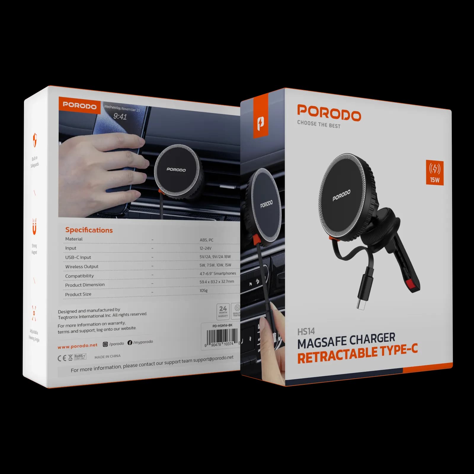 شارژر بی‌سیم ماشین مگ‌سیف گوشی‌های هوشمند مدل HS14 Retractable Type-C پرودو — تصویر ۳