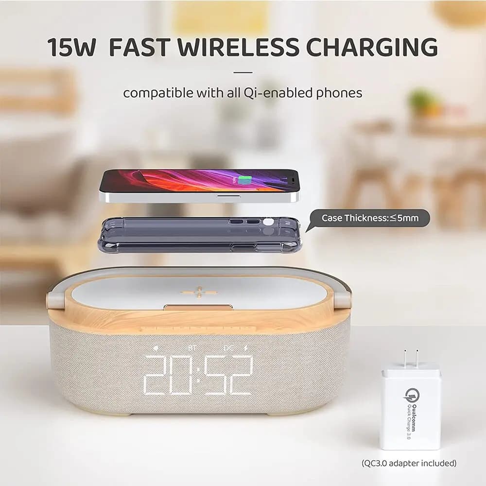 شارژر وایرلس و اسپيکر بلوتوثی کلوشر مدل Colsur 15W Wireless Charger Charging Station-Bluetooth Speaker-Alarm Clock LED Light — تصویر ۴