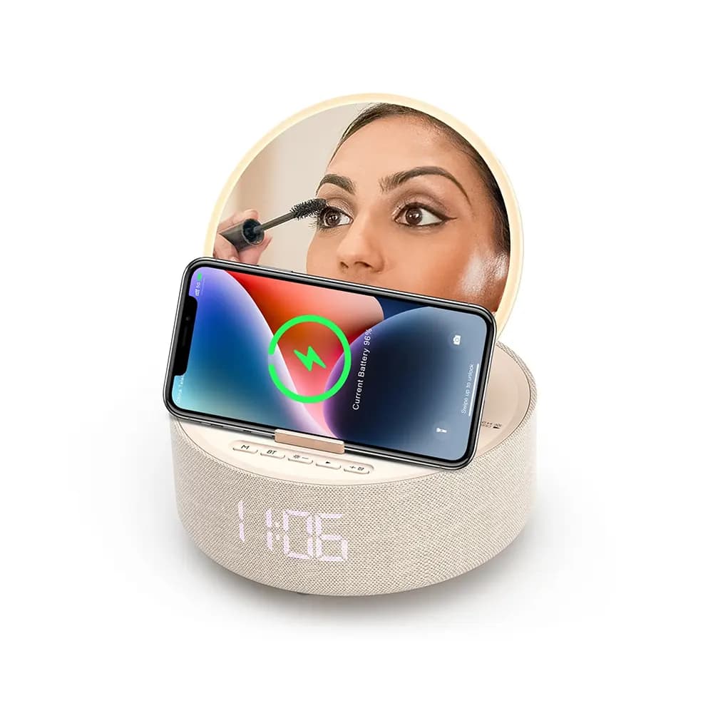 آینه ميكاپ با شارژر وایرلس و اسپیکر بلوتوثی کلوشر مدل COLSUR 5 in 1 mood light fast charging bluethooth speaker makeup mirror alarm clock — تصویر ۵