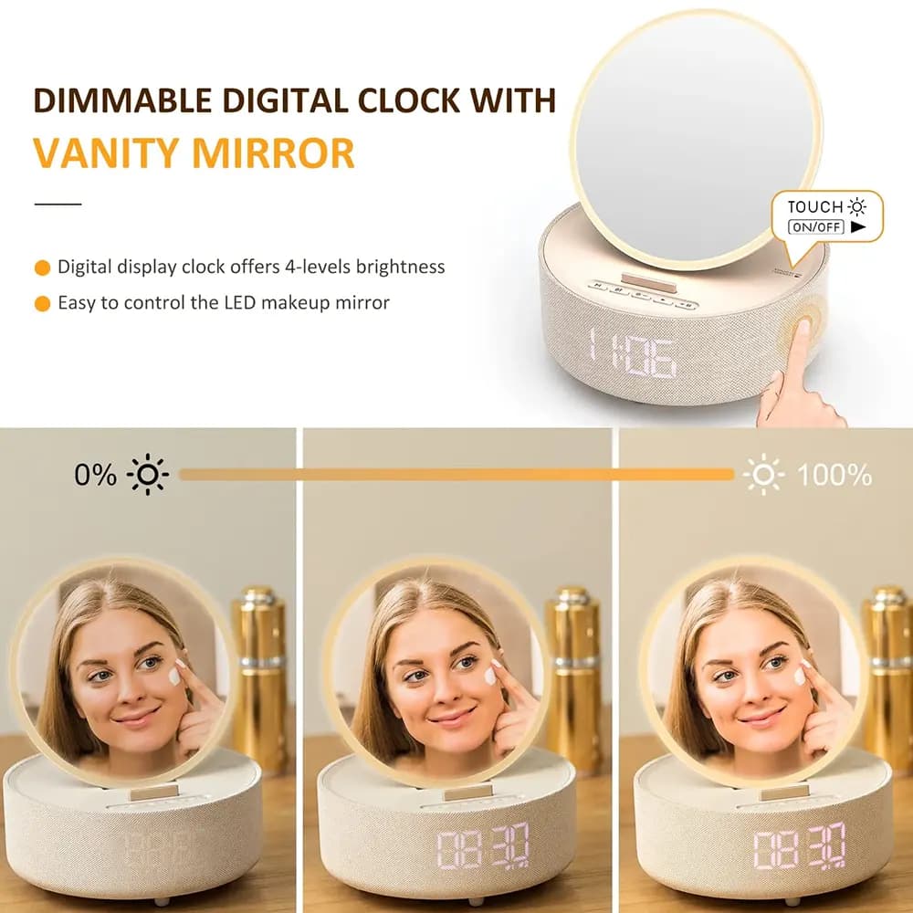 آینه ميكاپ با شارژر وایرلس و اسپیکر بلوتوثی کلوشر مدل COLSUR 5 in 1 mood light fast charging bluethooth speaker makeup mirror alarm clock — تصویر ۴