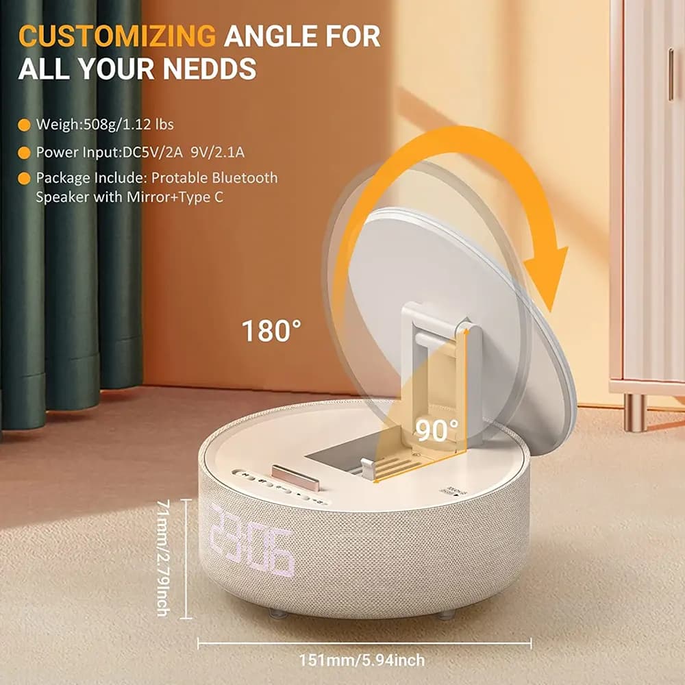 آینه ميكاپ با شارژر وایرلس و اسپیکر بلوتوثی کلوشر مدل COLSUR 5 in 1 mood light fast charging bluethooth speaker makeup mirror alarm clock — تصویر ۳
