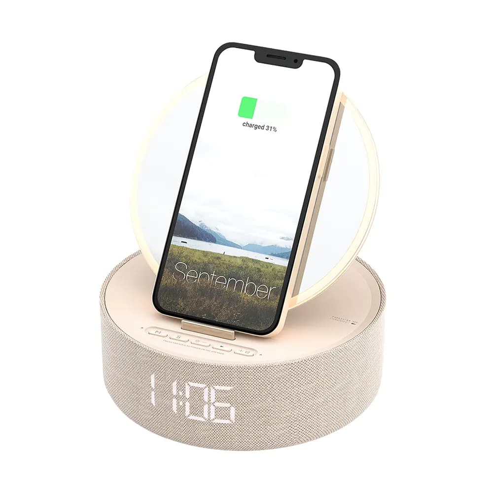 آینه ميكاپ با شارژر وایرلس و اسپیکر بلوتوثی کلوشر مدل COLSUR 5 in 1 mood light fast charging bluethooth speaker makeup mirror alarm clock — تصویر ۲
