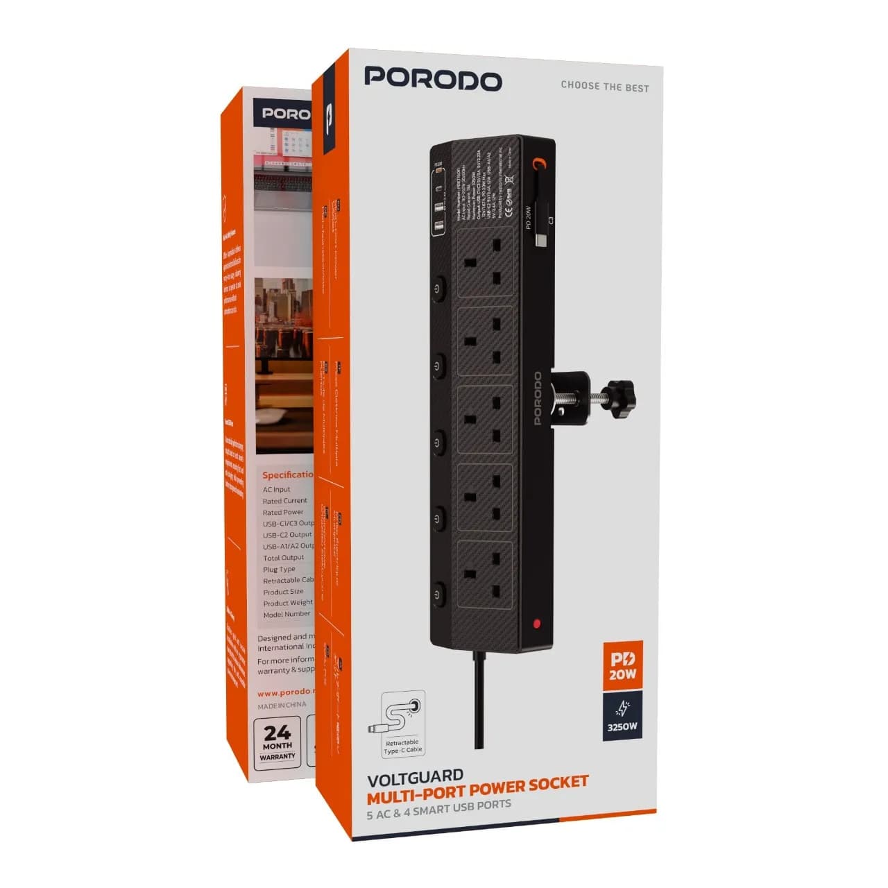 چندراهی برق چندپورته Porodo Voltguard Multi-Port Power Socket PD 20W پرودو — تصویر ۳