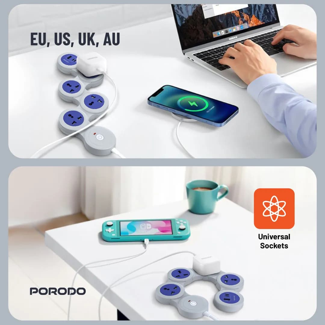 چندراهی برق یونیورسال Porodo مدل Multi-Socket PD20W با کابل 1.8 متری پرودو — تصویر ۳