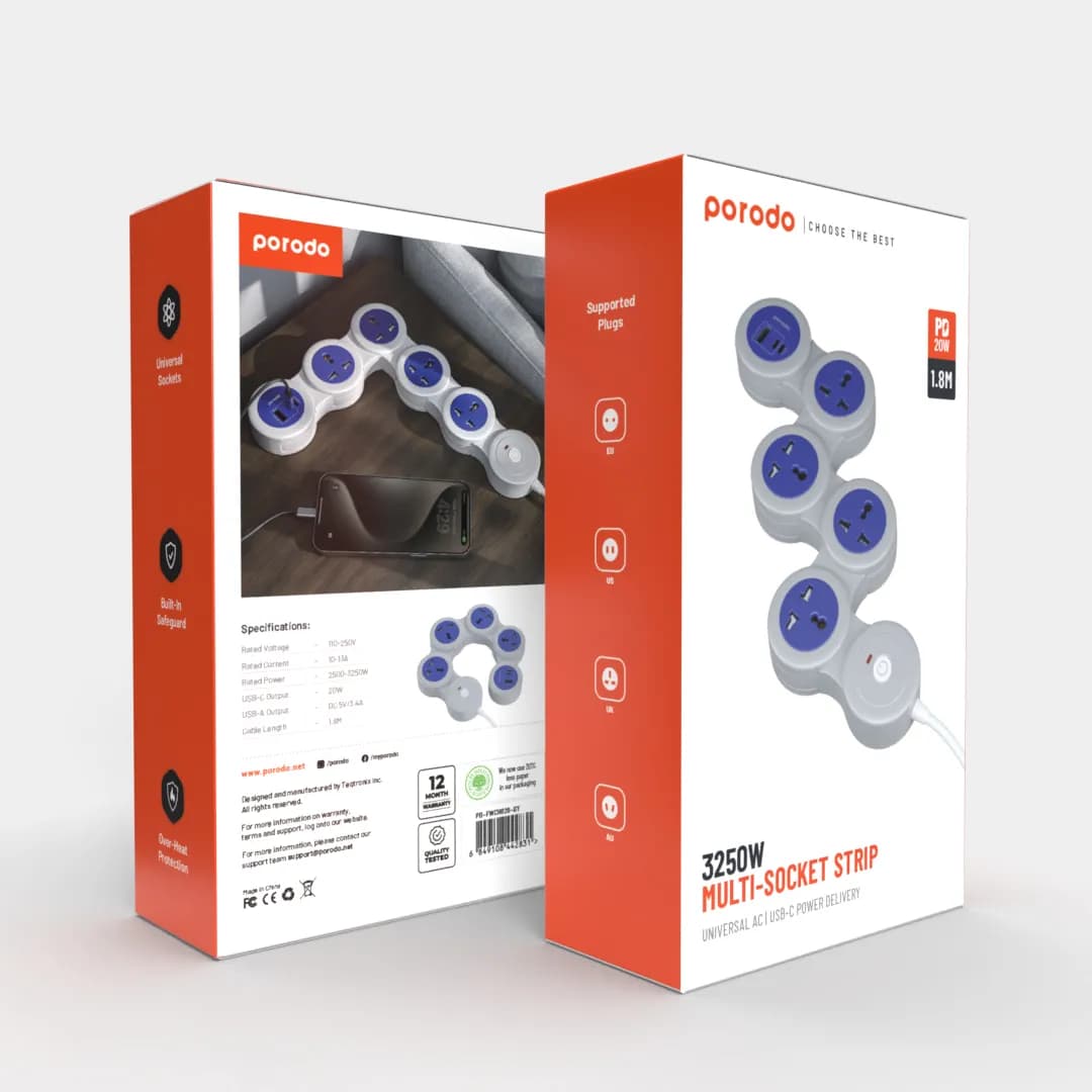 چندراهی برق یونیورسال Porodo مدل Multi-Socket PD20W با کابل 1.8 متری پرودو — تصویر ۴