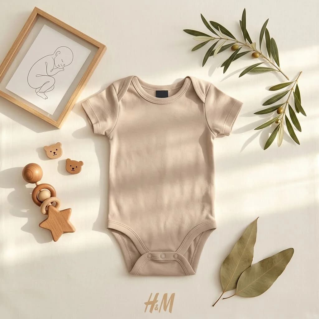 بادی آستین کوتاه نوزادی وارداتی ساده رنگ کرم برند H&M