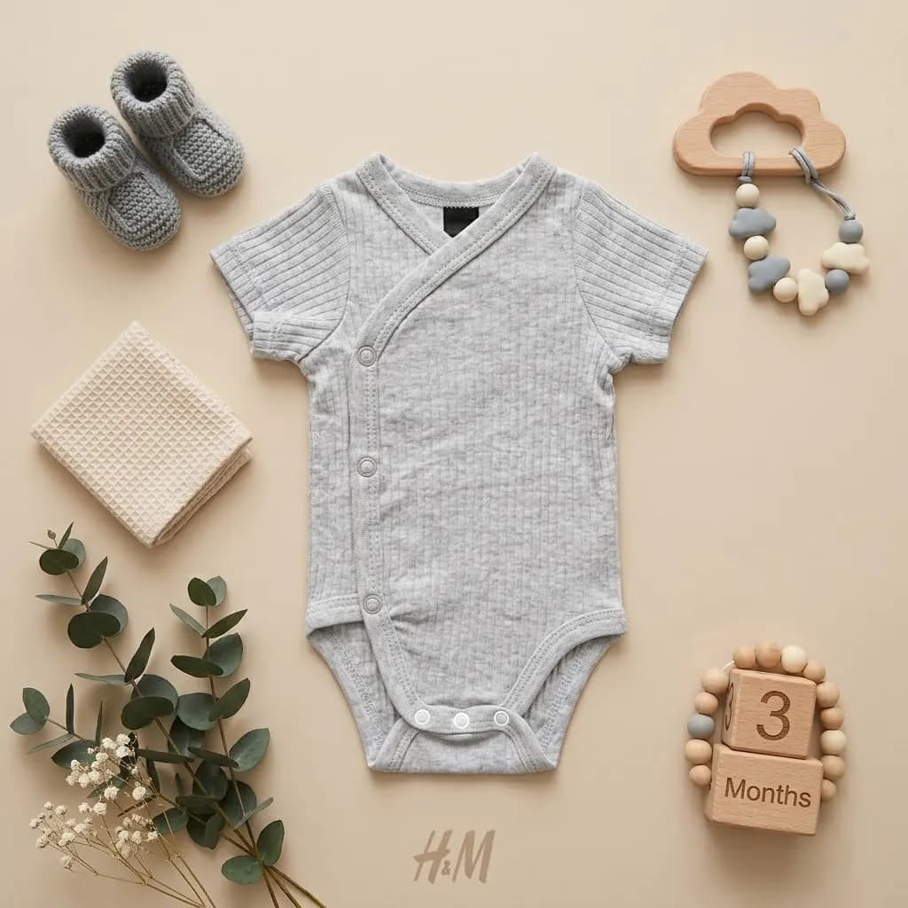 بادی آستین کوتاه نوزادی وارداتی یقه هفت کبریتی ساده رنگ طوسی برند H&M