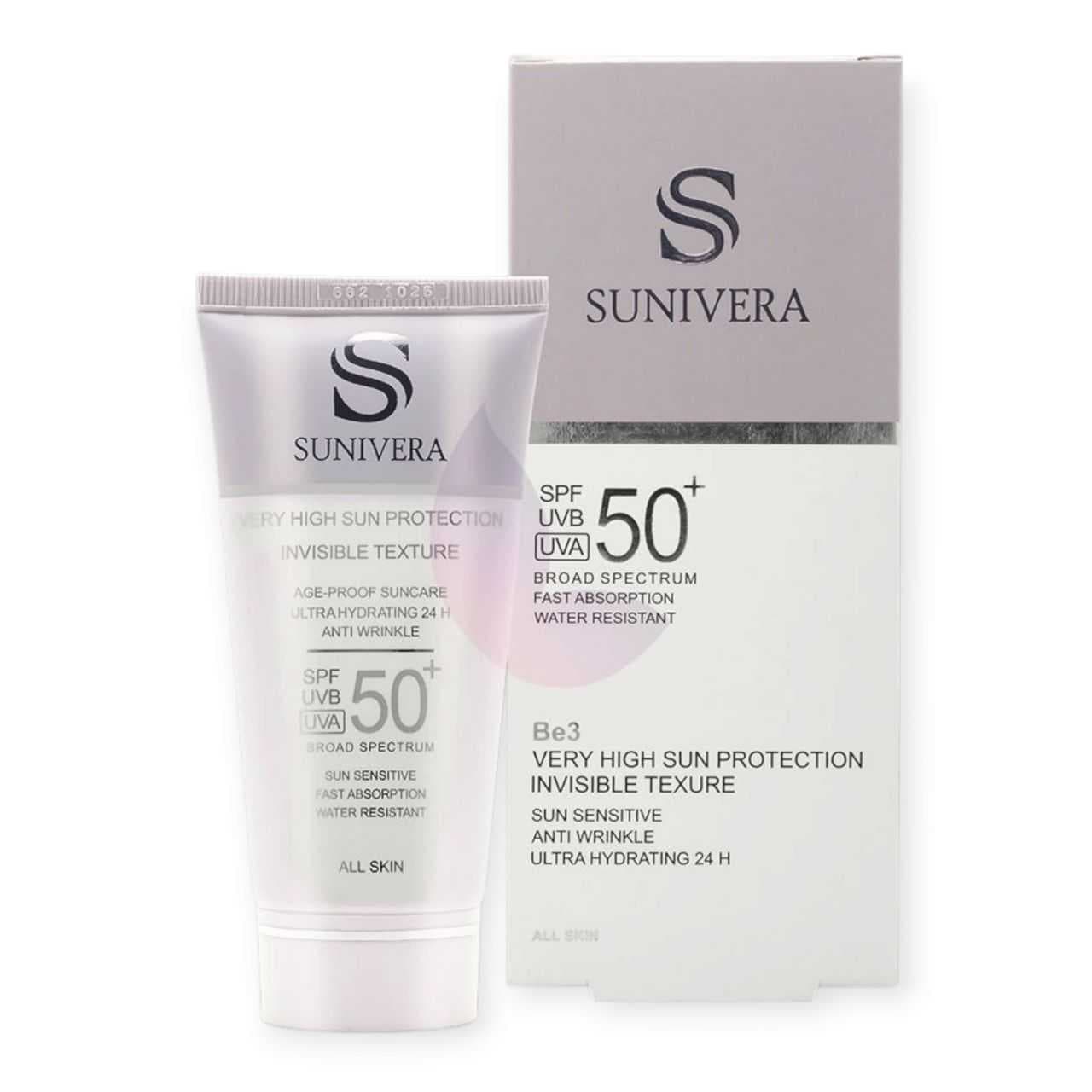 کرم ضد آفتاب بی رنگ انواع پوست سانیوراSUNIVERA با SPF50 حجم 50 میل
