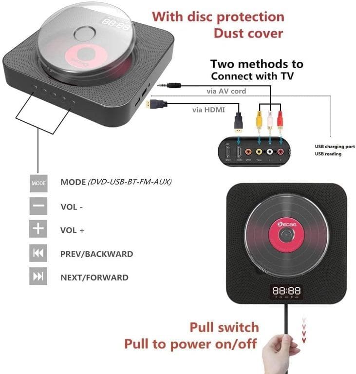 پخش کننده DVD/CD بلوتوثی قابل نصب روی دیوار USB AV HDMI FM برند KECAG — تصویر ۴