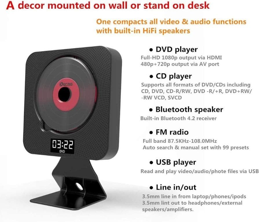 پخش کننده DVD/CD بلوتوثی قابل نصب روی دیوار USB AV HDMI FM برند KECAG — تصویر ۳