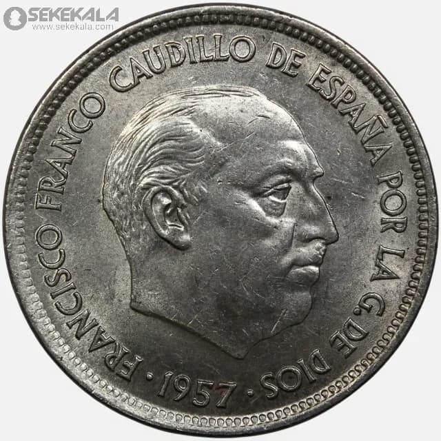 سکه 25 پزوتا اسپانیا 1957(فرانسیسکو فرانکو)(+AU) — تصویر ۳