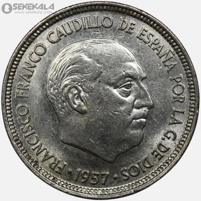 سکه 5 پزوتا اسپانیا 1957 (فرانسیسکو فرانکو)(+AU) — تصویر ۳