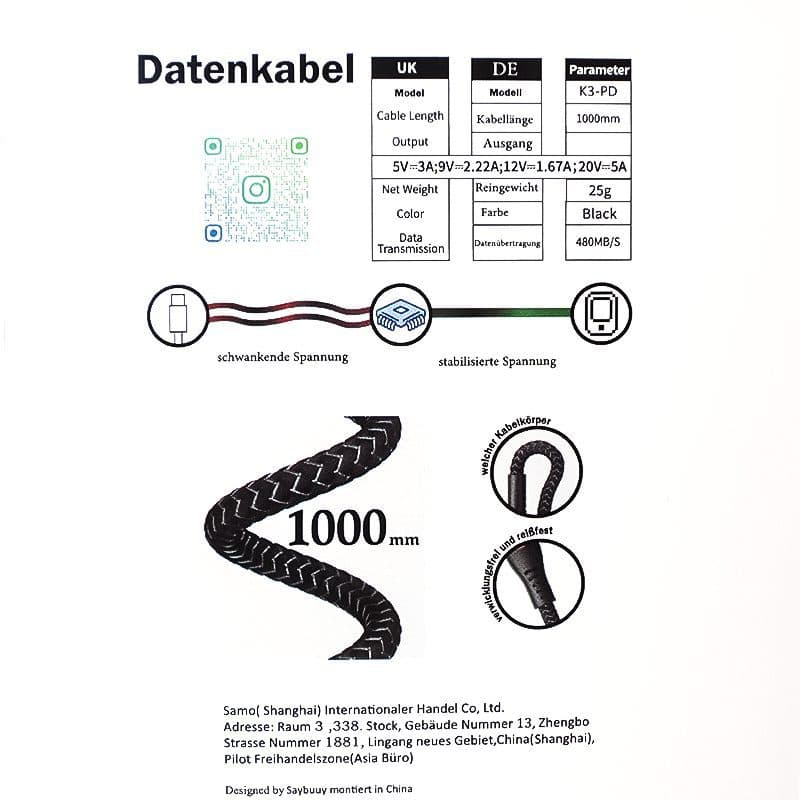 کابل شارژ دوسر تایپ سی 100 وات Saybuuy K3-PD — تصویر ۵