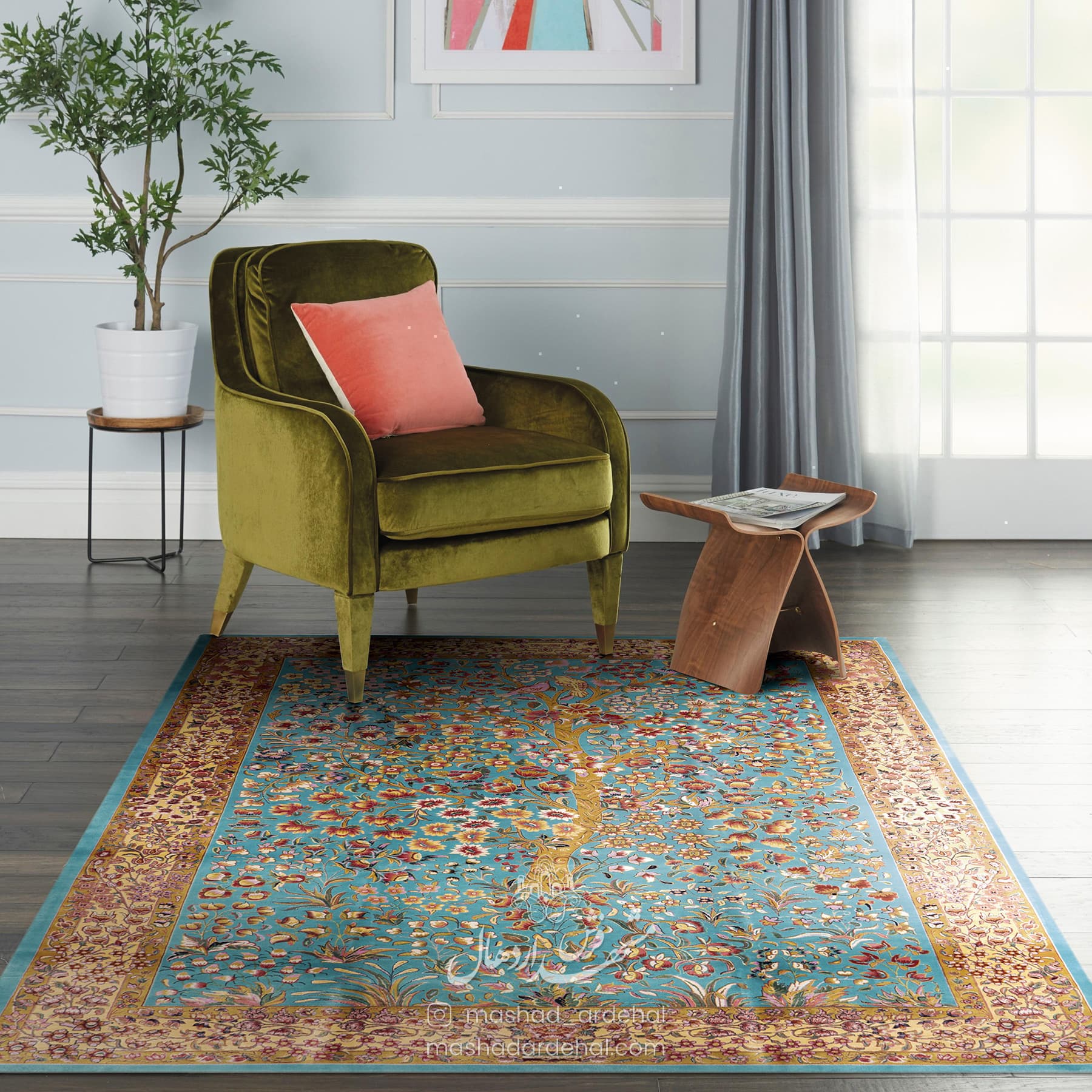 فرش ماشینی کلاسیک آبی فیروزه ای کد 123 — تصویر ۲