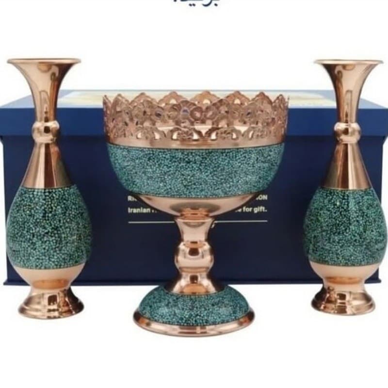 ست آجیل خوری فیروزه کوبی به همراه دو عدد گلدان فیروزه