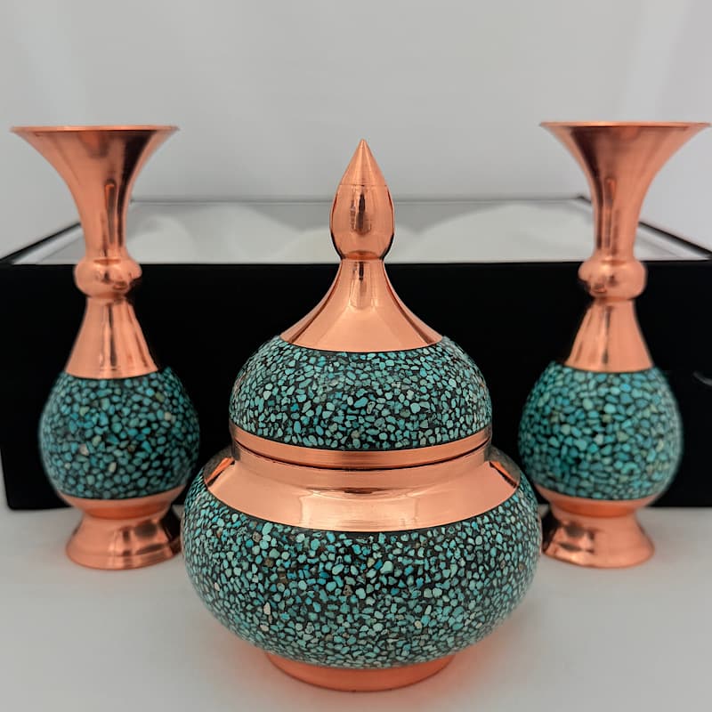 فیروزه کوبی ست هدیه (قندان+جفت گلدان۱۶) به همراه جعبه — تصویر ۳