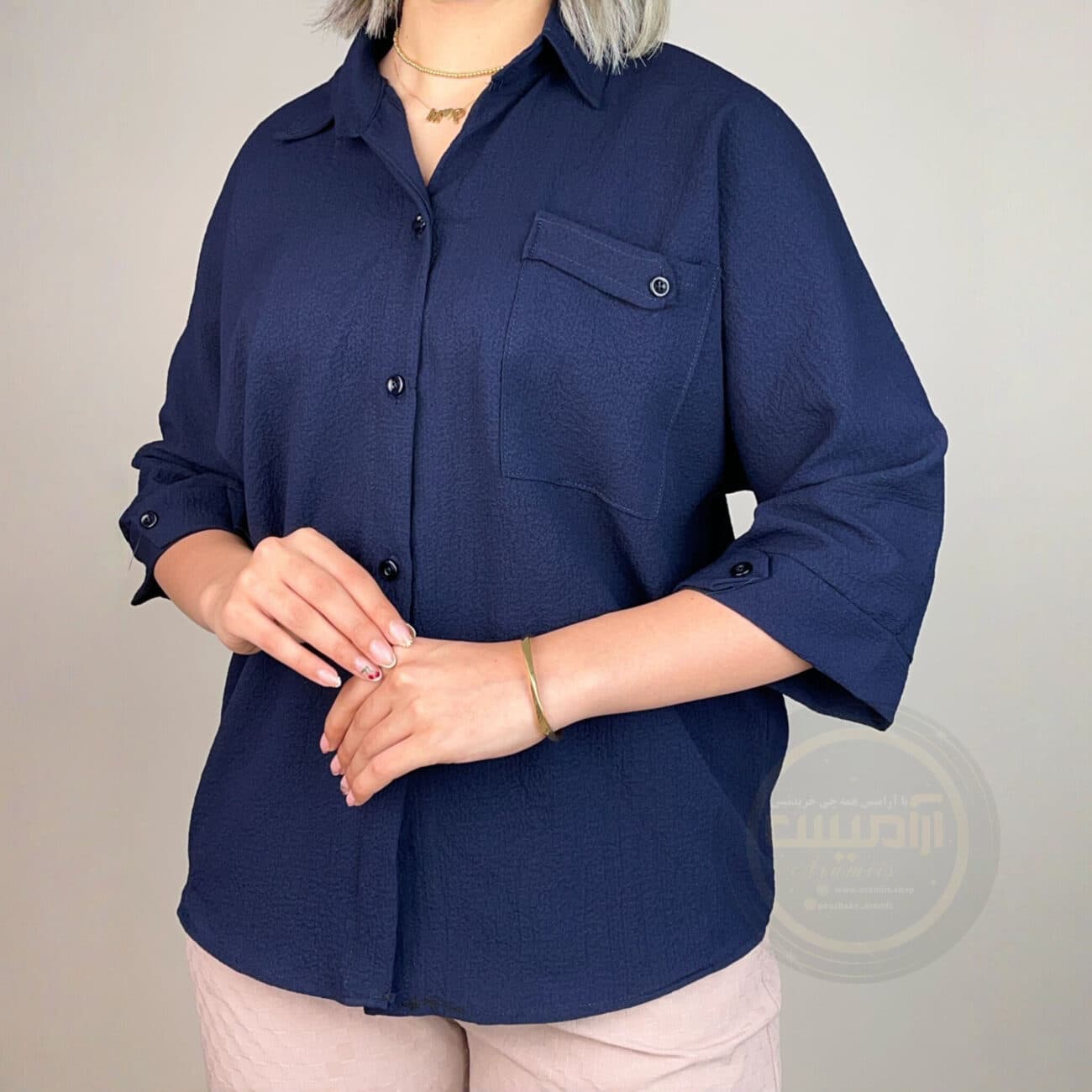 شومیز زنانه باکسی تک جیب اطلسی