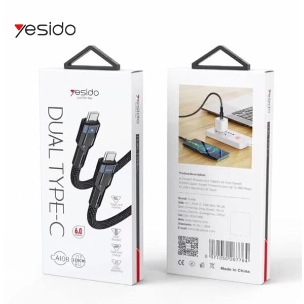 کابل شارژ TYPE-C به TYPE-C یس ای دو مدل YESIDO CA108C-C 60W 1.2m
