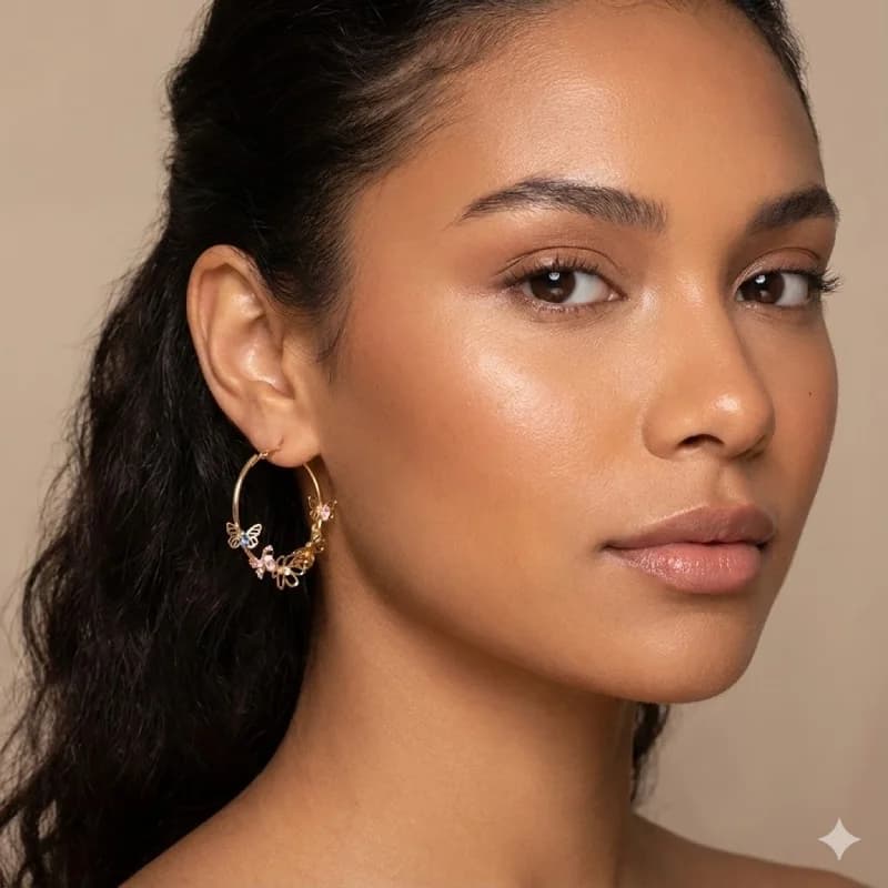 گوشواره حلقهای گل و پروانه نگینی (Butterfly & Flower Charm Hoop Earrings) — تصویر ۲