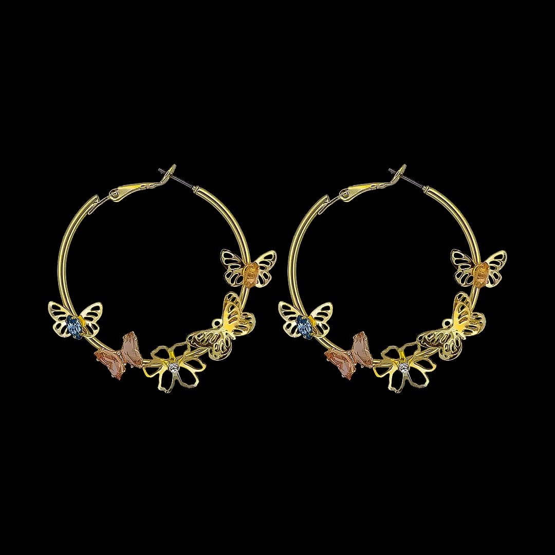 گوشواره حلقه‌ای گل و پروانه نگینی (Butterfly & Flower Charm Hoop Earrings)