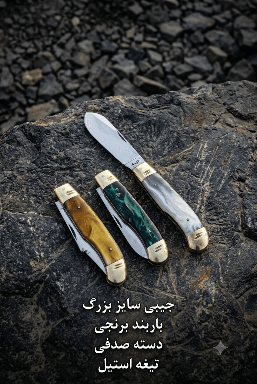 چاقوی جیبی کلکسیونی با تیغه استیل، دسته صدفی و باربند برنجی — تصویر ۲