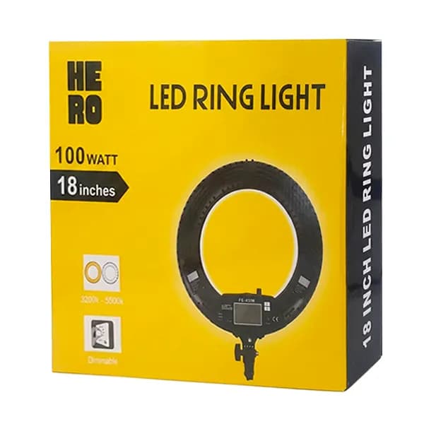 رینگ لایت 18 اینچی 100W LED هیرو مدل FE480III + کنترل و آینه و کیف — تصویر ۲