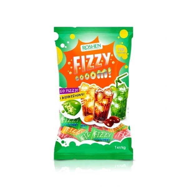 آبنبات فیزی روشن Roshen Fizzy مغزدار مخلوط طعم های کولا، پرتقال و لیمو بسته 1 کیلوگرمی — تصویر ۲