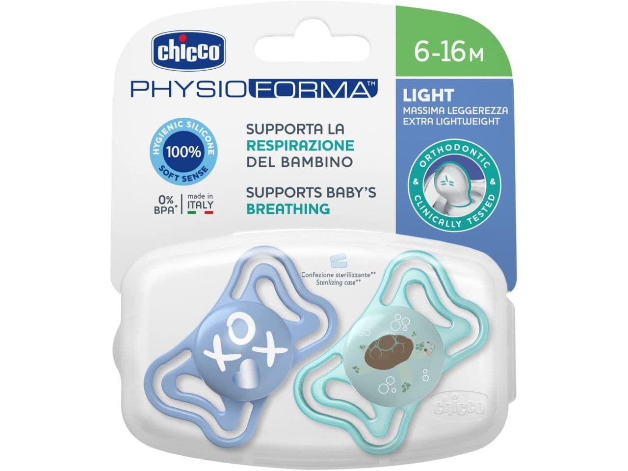 پستانک چیکو ارتدنسی شبرنگی ۲عددی سایز ۶_۱۶m فیزیو فورما chicco طرح لاک پشت