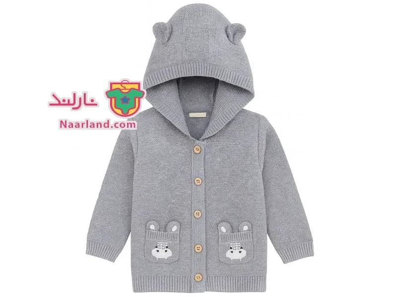 سویشرت بافت کلاهدار نوزادی لوپیلو خاکستری کرم طرح گوشدار — تصویر ۲