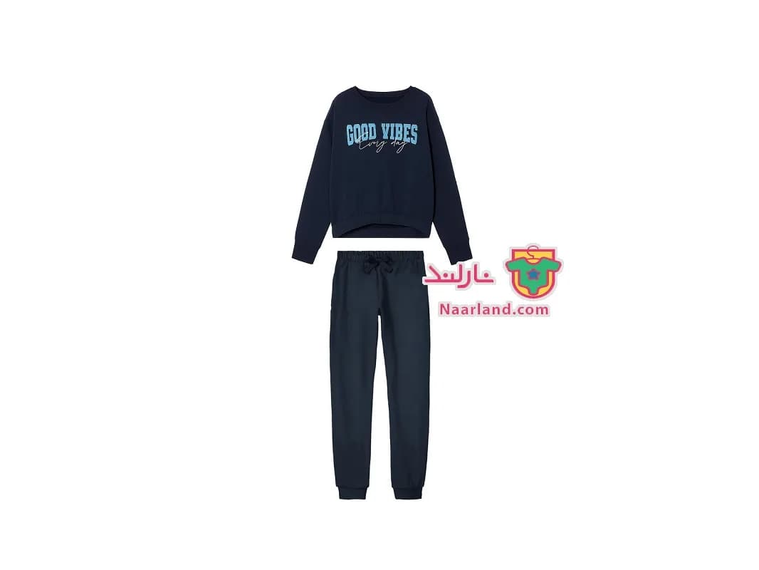 ست بلوز کراپ شلوار دورس داخل کرک Pepperts سرمه ای طرح Good Vibes