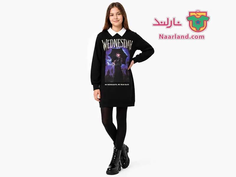 تونیک دورس داخل کرکی طرح Wednesday مشکی — تصویر ۲