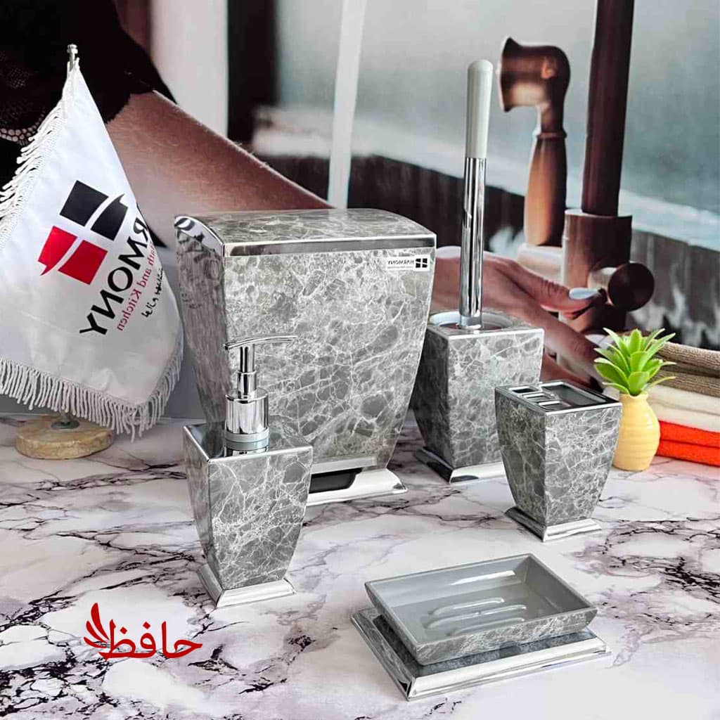 ست سرویس بهداشتی هارمونی مدل آوا طرح سنگ طوسی کروم