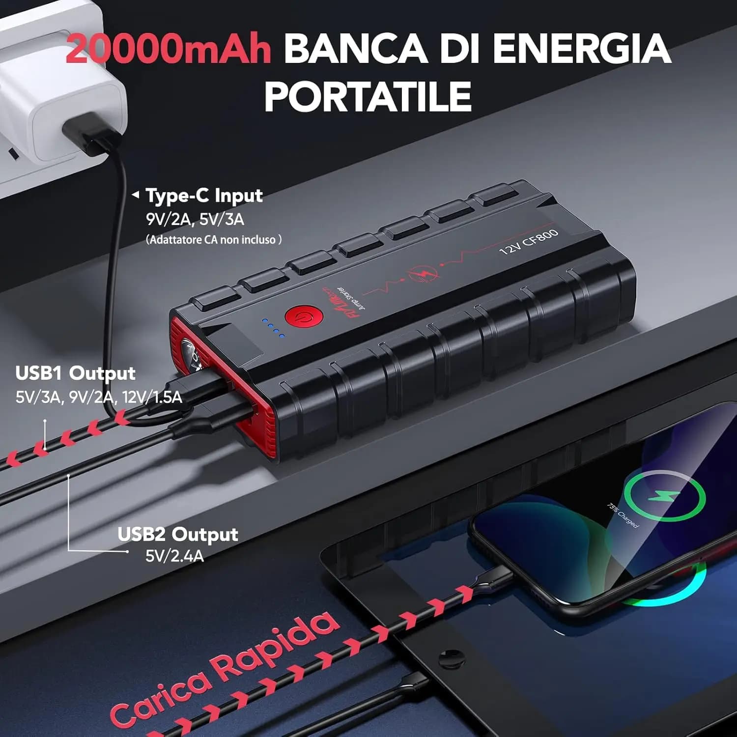 جامپ استارتر فلای لینک تک 20000mAh FLYLINKTECH مدل CF800 سفارش اروپا — تصویر ۳