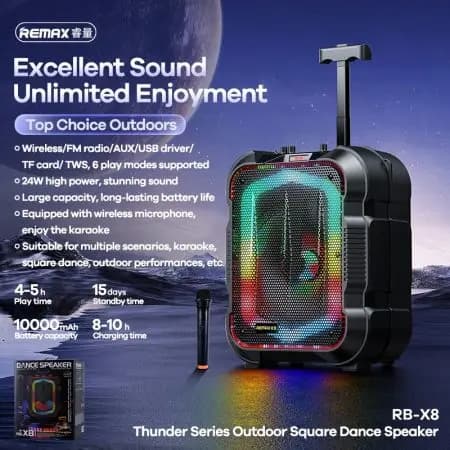 اسپیکر بلوتوثی قابل حمل ریمکس Remax RB-X8 همراه با میکروفون — تصویر ۶