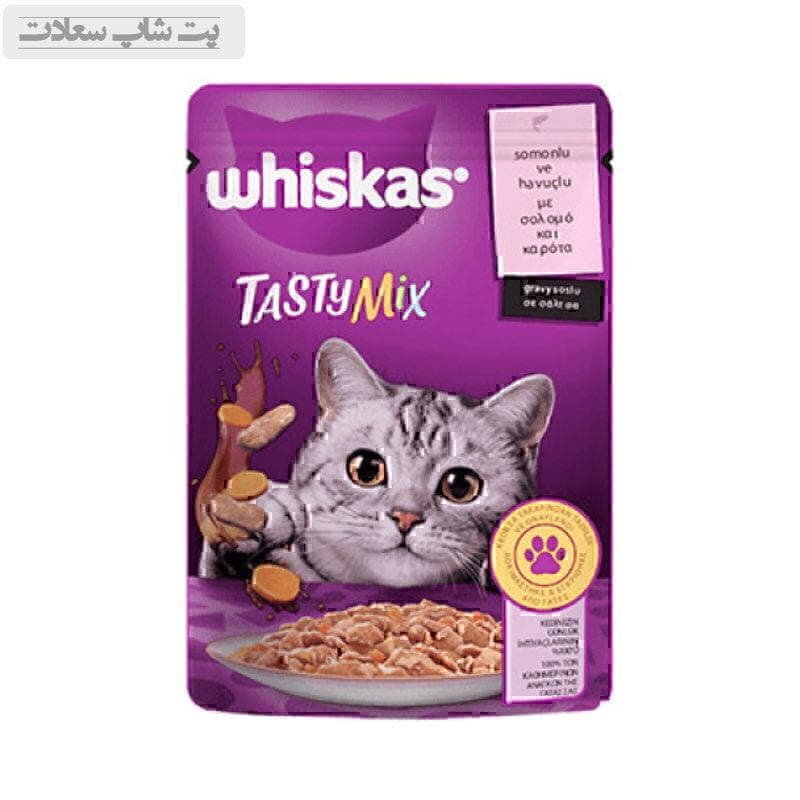 پوچ گربه ویسکاس با طعم میکس ماهی سالمون و هویج در سس Whiskas Tasty Mix With Salmon & Carrot in Gravy وزن 85 گرم