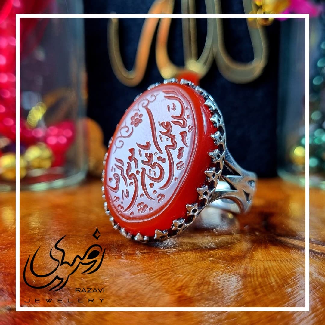 انگشتر نقره مردانه عقیق سرخ طرح نیزه یارضا — تصویر ۵