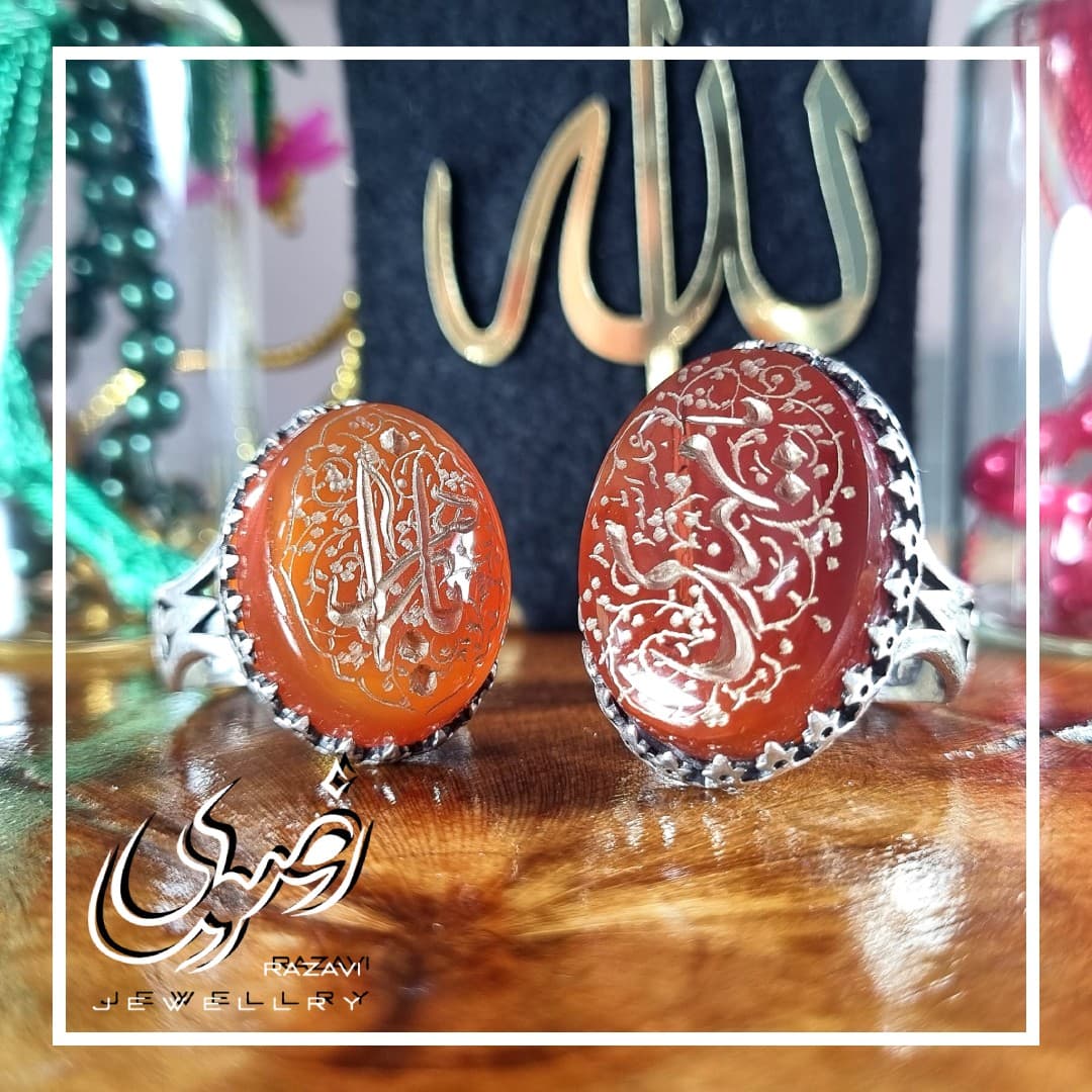 ست انگشتر مردانه و زنانه نقره عقیق یمنی طرح مهدی