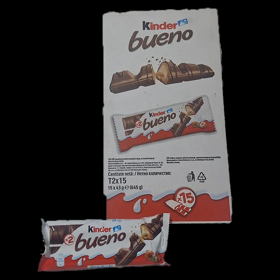 ویفر شکلاتی کیندر بوینو دو قلو با مغز کرم فندقی (Kinder Bueno) 43 گرمی – بسته 15 عددی