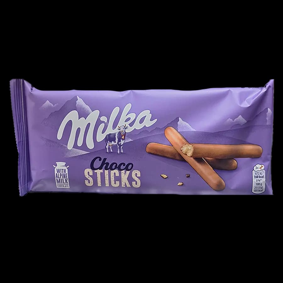 بیسکوئیت لوله ای با روکش شکلاتی میلکا (Choco Sticks) 100 گرمی — تصویر ۲