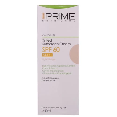 کرم ضد آفتاب رنگی پرایم بژ روشن SPF60 مدل Acnex محافظ UVA ،UVB، تنظیم ترشح چربی پوست، مناسب پوست چرب حجم 40 میلیلیتر — تصویر ۲