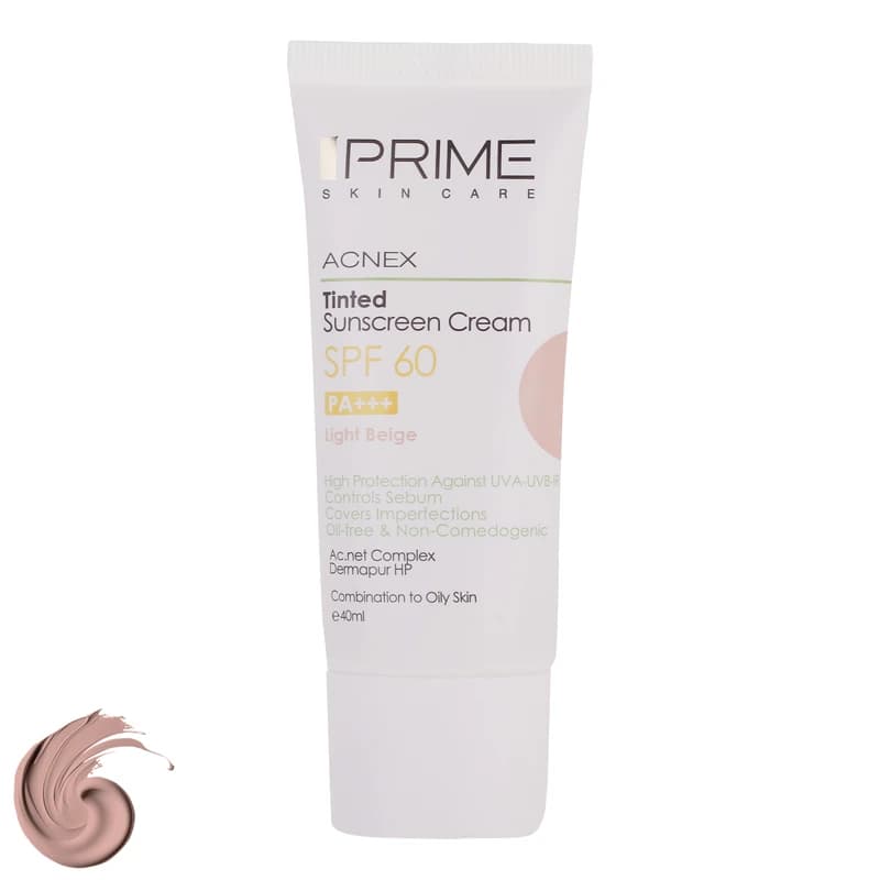 کرم ضد آفتاب رنگی پرایم بژ روشن SPF60 مدل Acnex محافظ UVA ،UVB، تنظیم ترشح چربی پوست، مناسب پوست چرب حجم 40 میلی‌لیتر