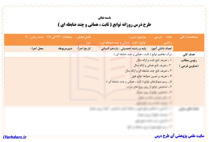طرح درس روزانه ریاضی و آمار۲ پایه یازدهم انسانی توابع ثابت، همانی و چند ضابطه ای — تصویر ۳