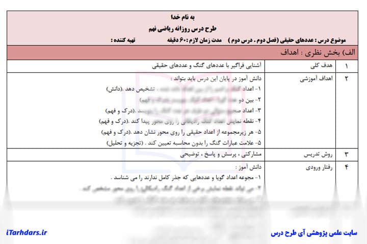 طرح درس روزانه ریاضی پایه نهم عددهای حقیقی — تصویر ۳