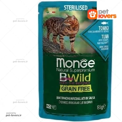پوچ گربه عقیم مونژه با طعم ماهی تن Monge BWild Grain Free Sterilised وزن 85 گرم